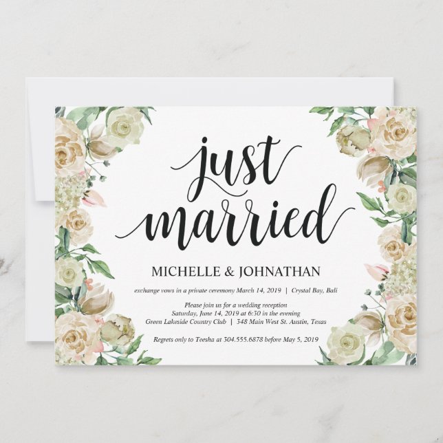 Just married, Elopement Reception Invitation Card (Front)