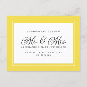 Just Married Elopement Trendy Yellow White Elegant Invitation Postcard