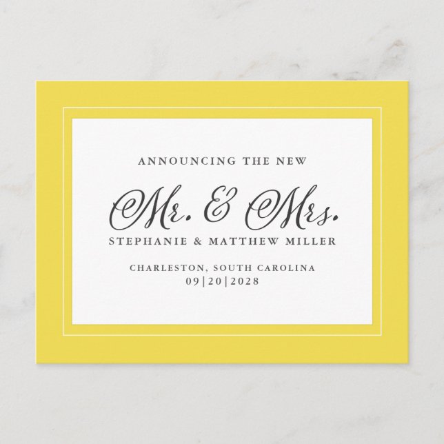 Just Married Elopement Trendy Yellow White Elegant Invitation Postcard (Front)