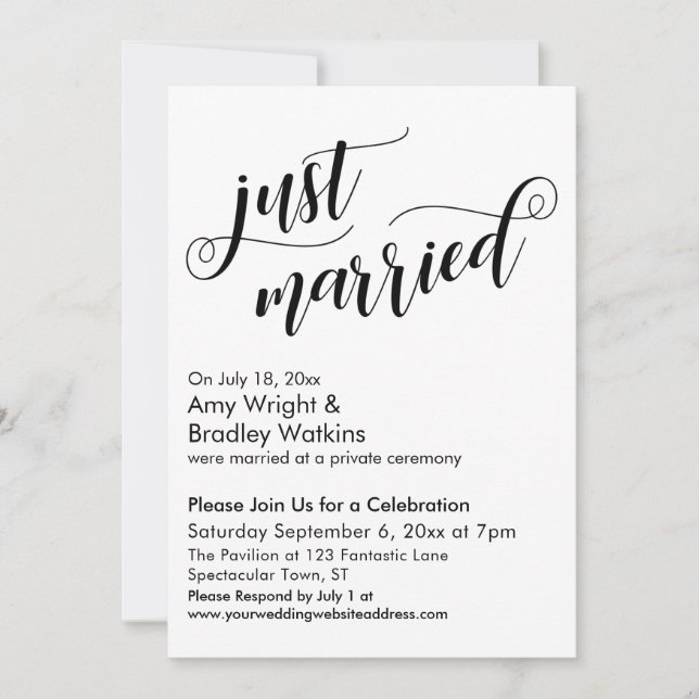 Just Married Fancy Script Post Wedding Celebration Invitation (Front)