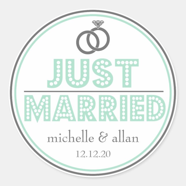 Just Married Favour Stickers (Mint Green / Grey) (Front)