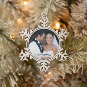 Just Married First Christmas Keepsake Snowflake Pewter Christmas Ornament