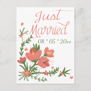 Just Married Floral Coral Pink Flowers Wedding Announcement Postcard
