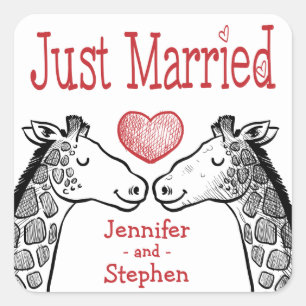 Just Married Giraffe Black, Red Burgundy Wedding Square Sticker