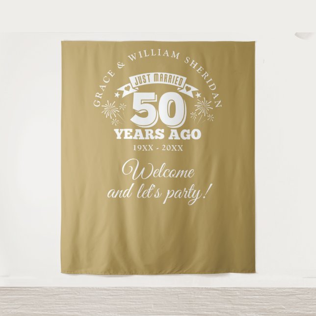 Just Married Gold 50th Anniversary Photo Backdrop Tapestry (Front)