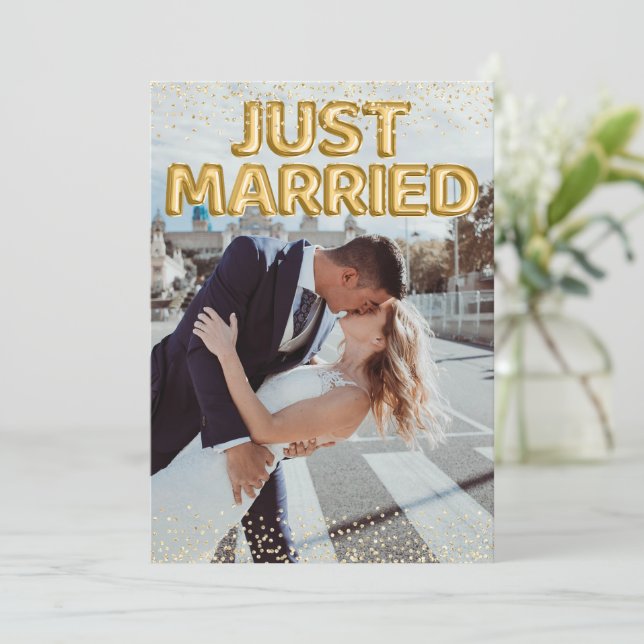 Just Married Gold Balloons Wedding Photo Announcement (Standing Front)