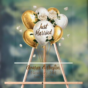 Just Married Gold Balloons White Roses  Acrylic Sign