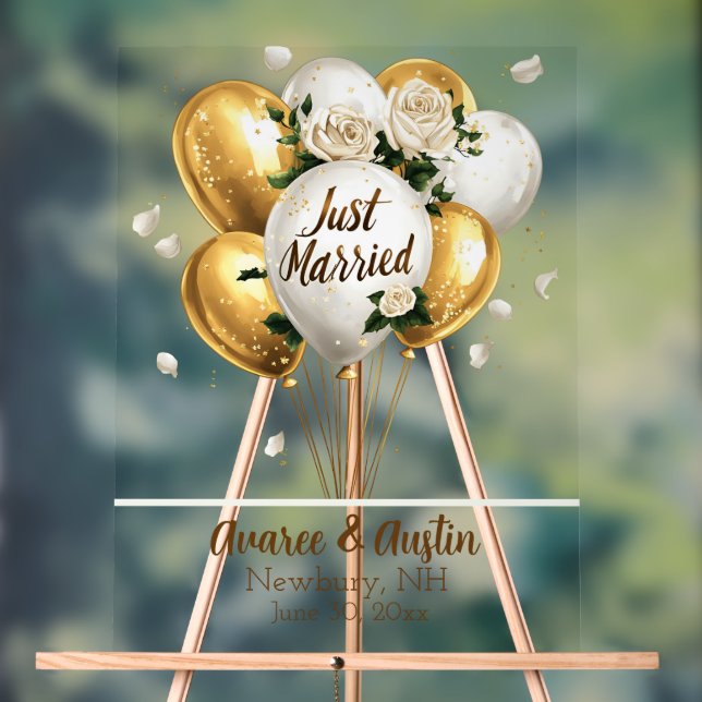 Just Married Gold Balloons White Roses  Acrylic Sign (Neutral)