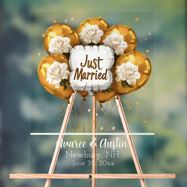 Just Married Gold Balloons White Roses  Acrylic Sign (Neutral)