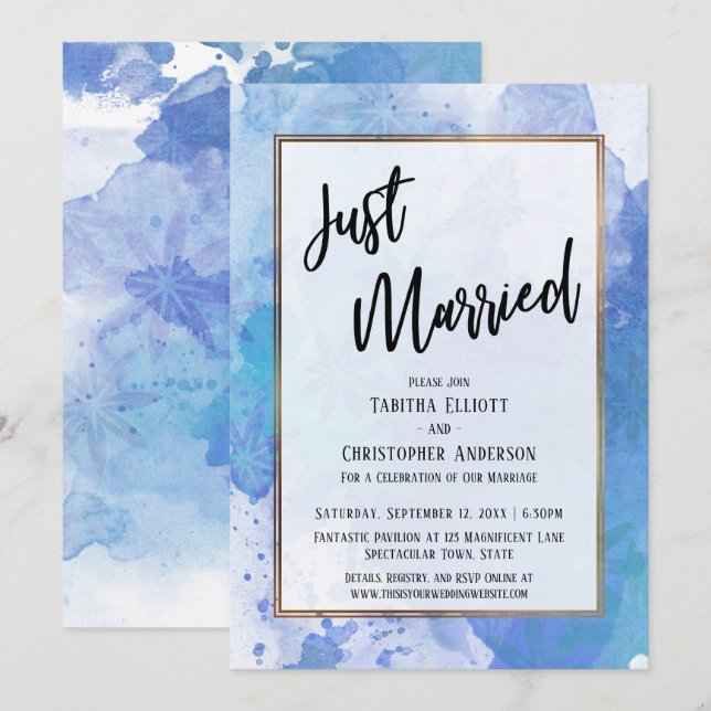 Just Married Gold Border Abstract Blue Splashes Invitation (Front/Back)