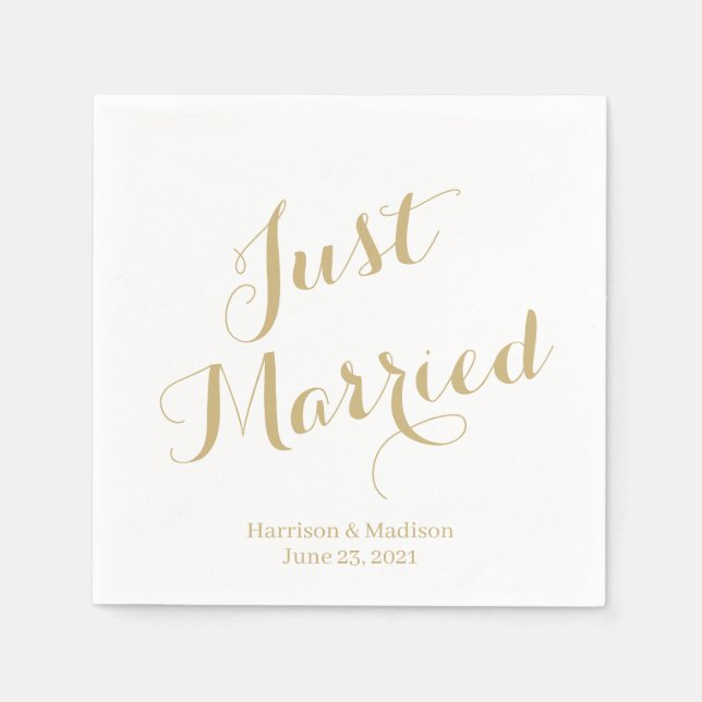 Just married gold custom script elegant Wedding Napkin (Front)