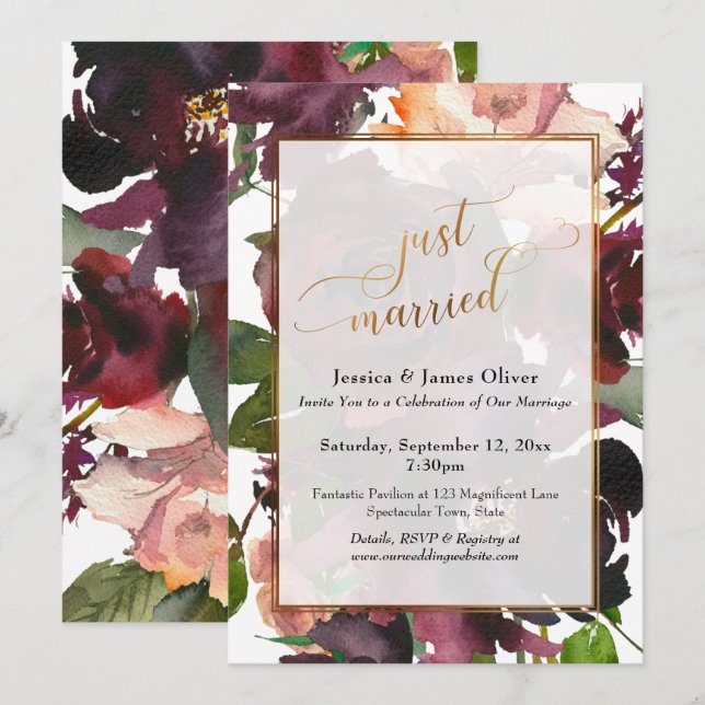 Just Married Gold Script, Dark Red Burgundy Floral Invitation (Front/Back)