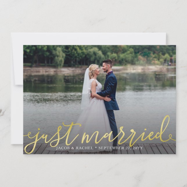 Just Married Gold Script Overlay Photo Wedding Announcement (Front)