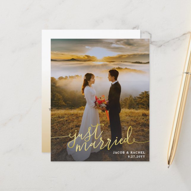 Just Married Gold Type Photo Wedding Announcement (Front/Back In Situ)