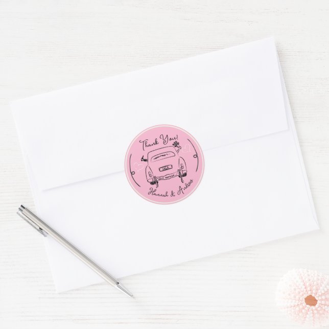 Just Married Hand drawn bride groom Car Thank you Classic Round Sticker (Envelope)