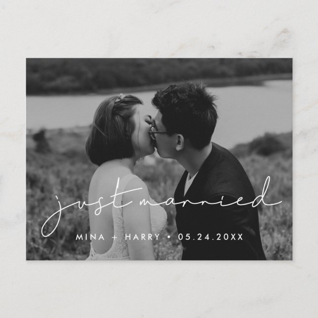 Just married Handwritten minimalist wedding photo Postcard (Front)