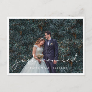 Just married Handwritten minimalist wedding photo Postcard