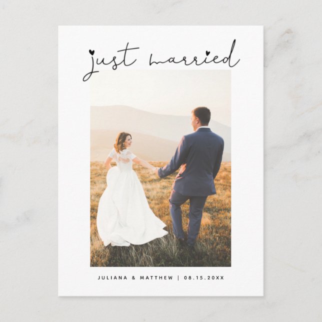 Just Married Heart Modern Script Wedding  Announcement Postcard (Front)