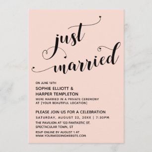 Just Married Hearts Typography Blush Reception Invitation