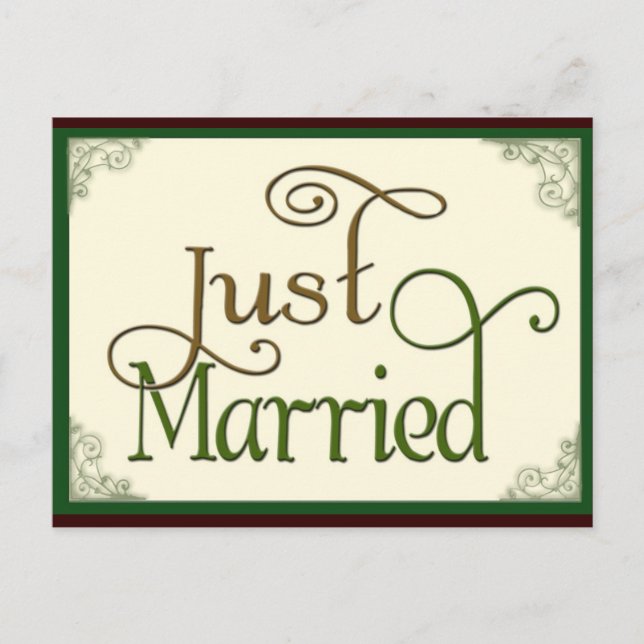 Just Married in swirl fun font Announcement Postcard (Front)