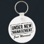 Just Married keychain | Under new management stamp<br><div class="desc">Just Married keychain | Under new management stamp. Cute wedding or honeymoon gift idea for newly wed couple. Personalizable for groom and bride. Husband and wife humour.</div>