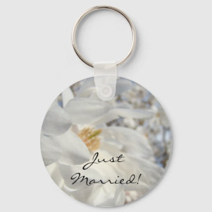 Just Married! keychain White Magnolia Flowers