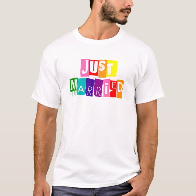 Just Married LGBT LGBTQ Rainbow Flag Typography T-Shirt (Front)