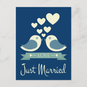Just Married Lovebirds Blue Wedding Postcard