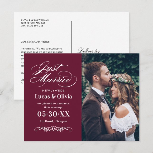 Just Married Merlot Red Elegant Wedding Photo Announcement Postcard (Front/Back)