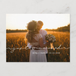 Just married Minimalist modern handwritten photo Announcement Postcard