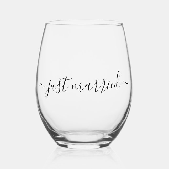 Just Married Minimalist Stemless Wine Glass (Front)