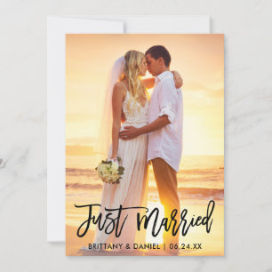 Just Married Modern Brush Script Photo Announcement