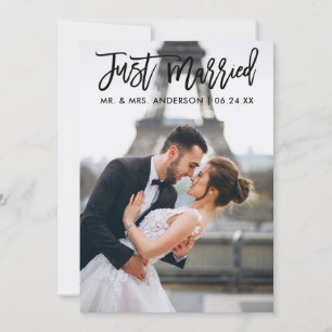 Just Married Modern Brush Script Wedding Photo Announcement