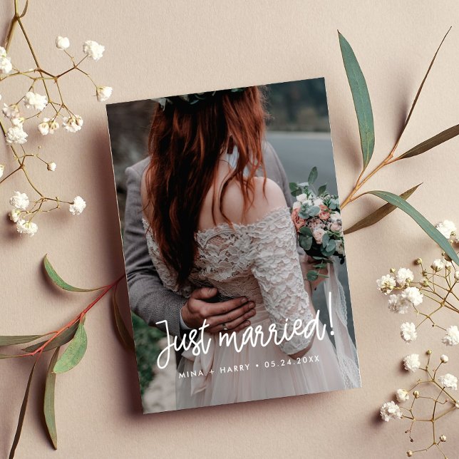 Just married Modern calligraphy wedding photo card (Creator Uploaded)
