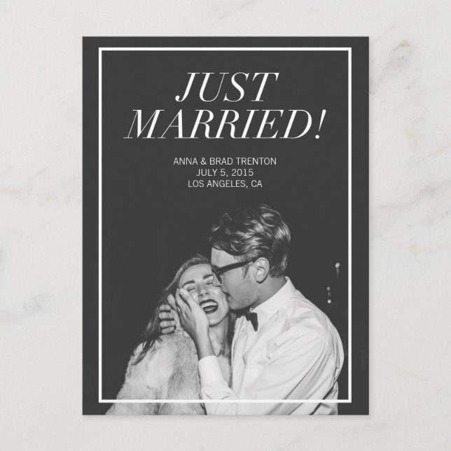 Just Married | Modern Photo Wedding Announcement Postcard (Front)