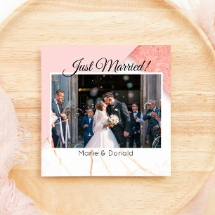 Just Married Modern Pink and Gold Glitter Marble Holiday Card