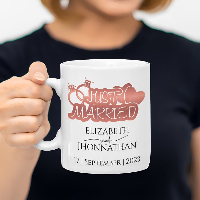 Just Married Modern Rose Gold Foil Couples Names Coffee Mug (Creator Uploaded)