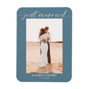 Just Married Modern Script Photo Blue Wedding Magnet