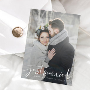 Just Married Modern Script Wedding Photo Announcement