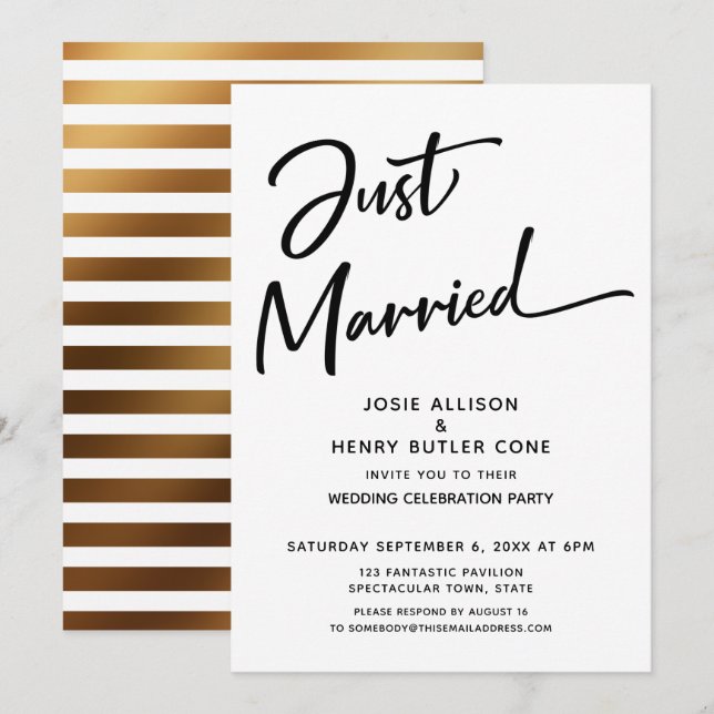 Just Married Modern Wedding Reception Gold Stripes Invitation (Front/Back)