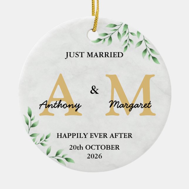 Just Married Monogram Names Mr & Mrs 2023 Ceramic Tree Decoration (Front)