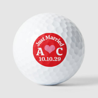 JUST MARRIED Monogram Pink Heart & Red Background Golf Balls
