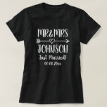 Just married Mr and Mrs t shirts for newly weds<br><div class="desc">Just married Mr and Mrs t shirts for newly weds. Fun wedding day gift idea for newlyweds and honeymooners. Personalizable clothing with surname of bride and groom plus date of marriage. Beautiful hand lettered typography design with heart arrow. Cute black and white tees for married couples. Pretty handlettering design for...</div>