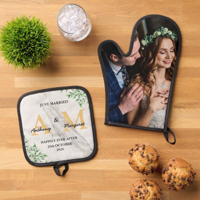 Just Married Mr & Mrs | Monogram Name & Photo Oven Mitt & Pot Holder Set (Top Down)