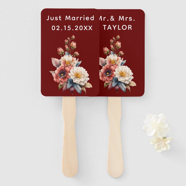 Just Married Mr. & Mrs. | Wedding Floral Monogram  Hand Fan (Front and Back)