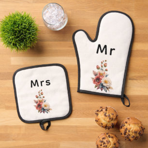 Just Married Mr. & Mrs. Wedding Floral Monogram Oven Mitt & Pot Holder Set