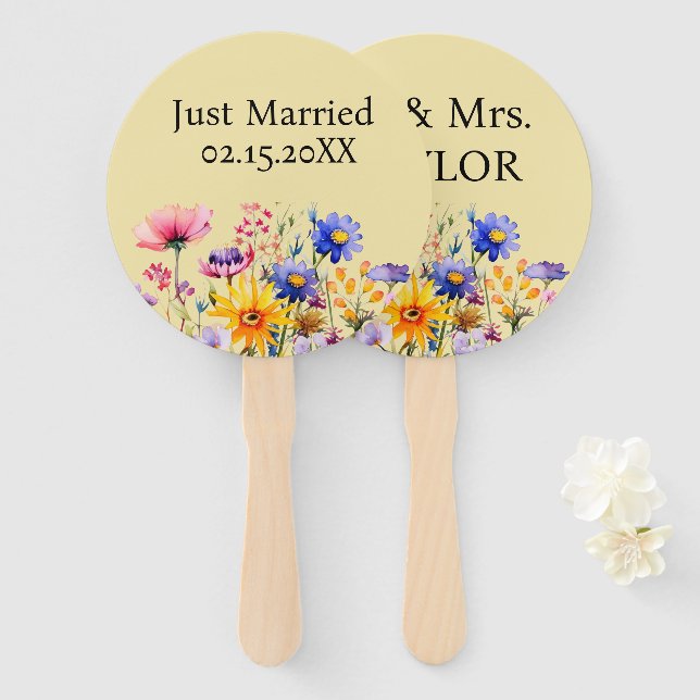 Just Married Mr. & Mrs. | Wedding  Wildflower  Hand Fan (Front and Back)