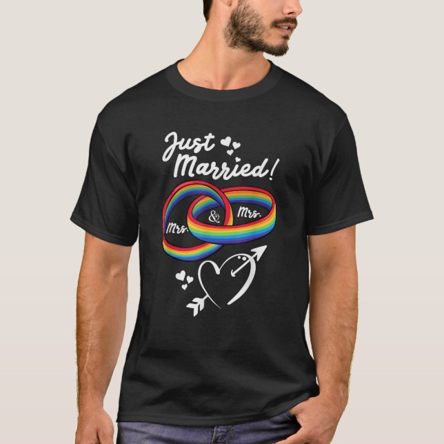 Just Married Mrs Mrs Gay Lesbian Wedding Engagemen T-Shirt (Front)