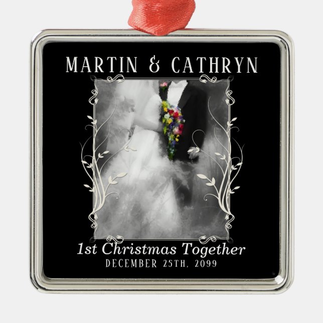 Just Married Name with Year 1st Christmas Metal Tree Decoration (Front)