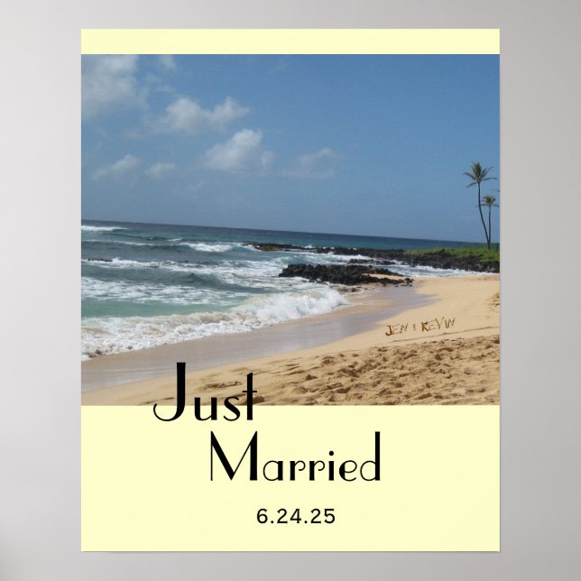 Just Married Names in Sand Poster (Front)